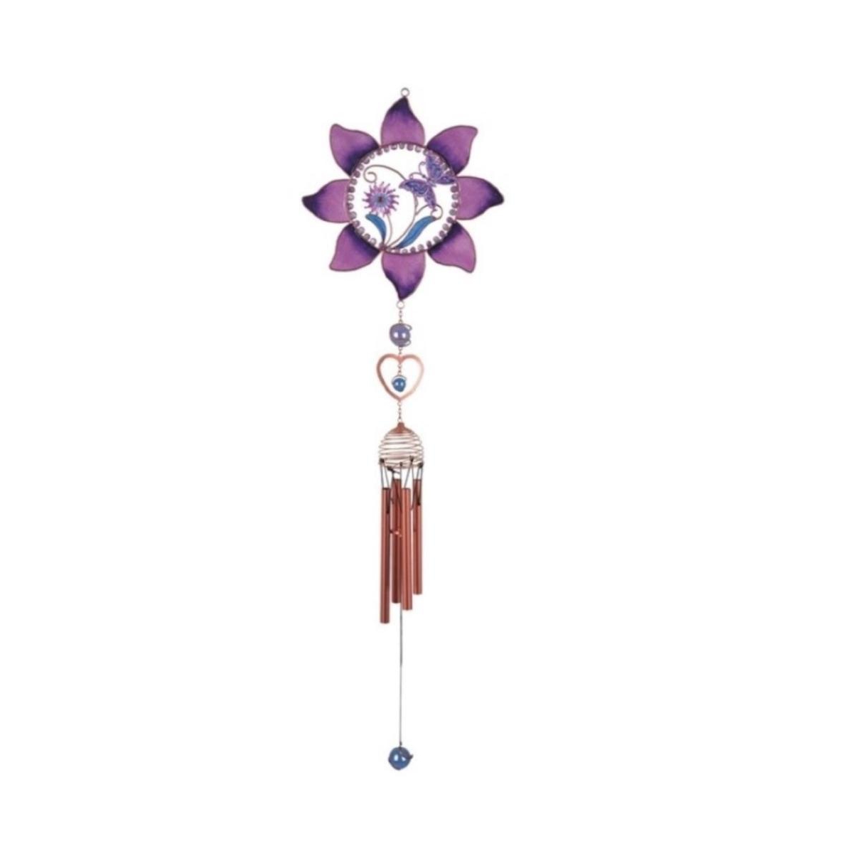 35" Long Pewter & Purple Butterfly Wind Chime with Copper Gem - Multi