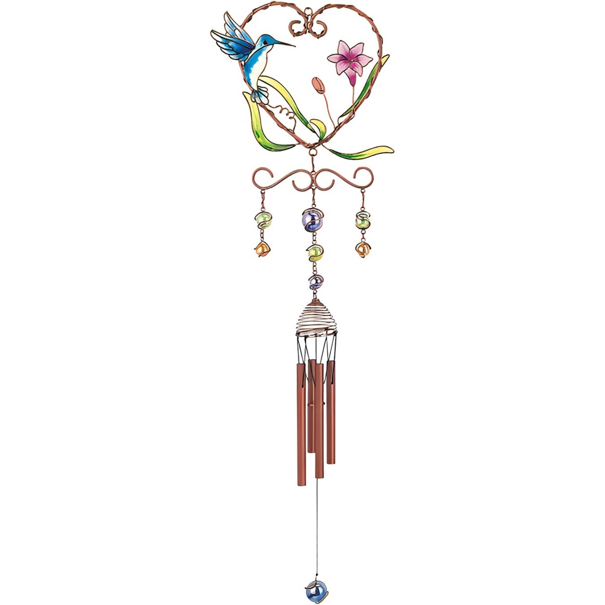 33" Long Blue Hummingbird with Flower Heart Shaped Wind Chime Home Decor Perfect Gift for House Warming, Holidays and Birthdays - Multi