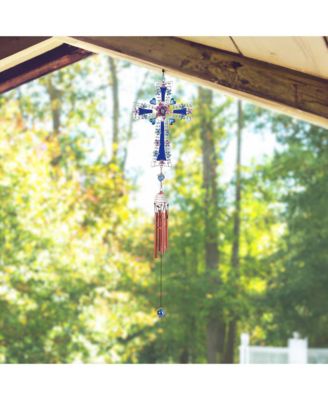 26" Long Blue Cross Wind Chime with Gem