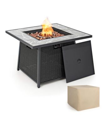35'' Propane Gas Fire Pit Table Patio PE Wicker Rattan w/ Lava Rocks