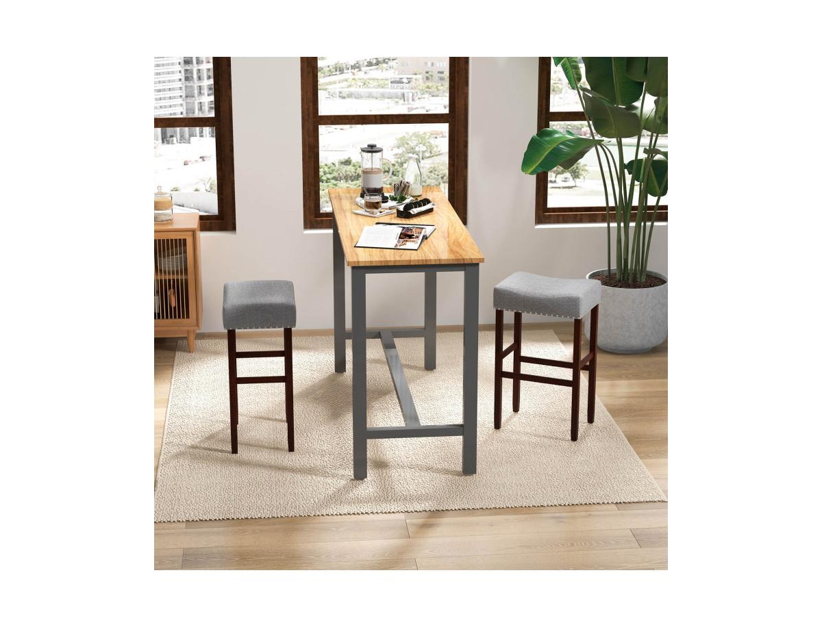 2 Set of Height Upholstered Bar Stool with Solid Rubber Wood Legs and Footrest