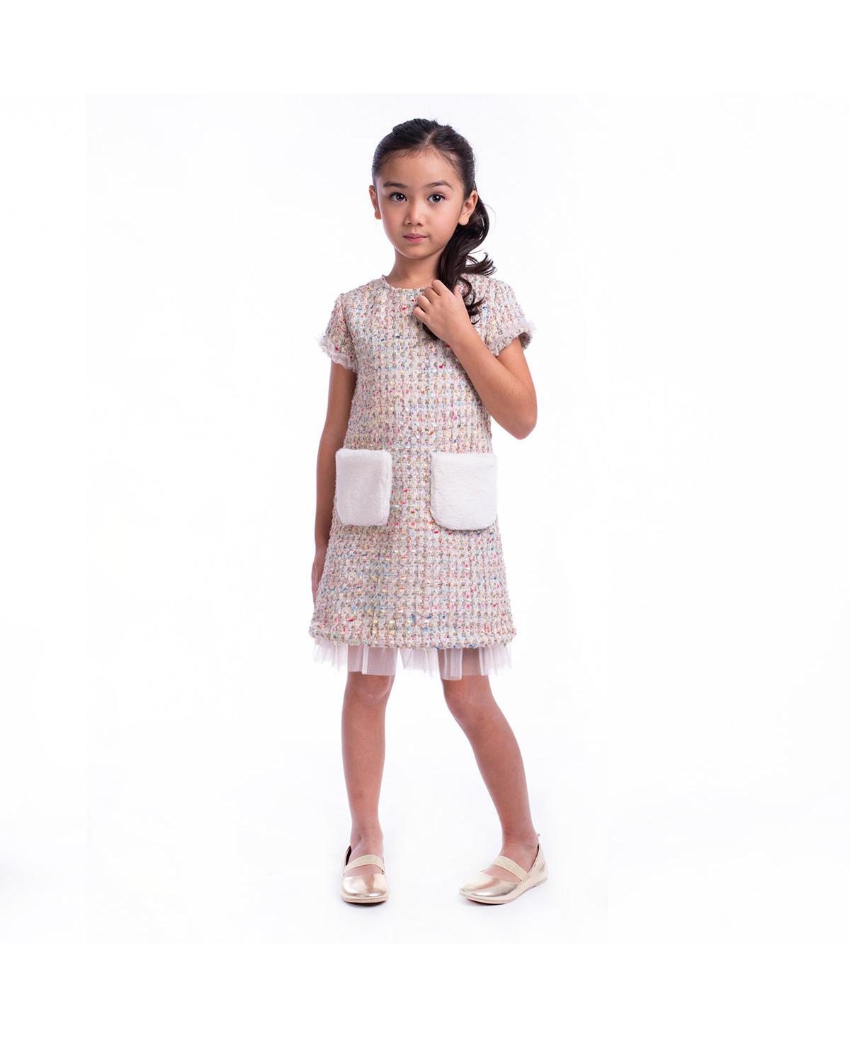 Imoga Collection Big Girls Tanner FW23 Confetti Novelty Jacquard And Faux Fur Pocket Dress - Open miscellaneous 997