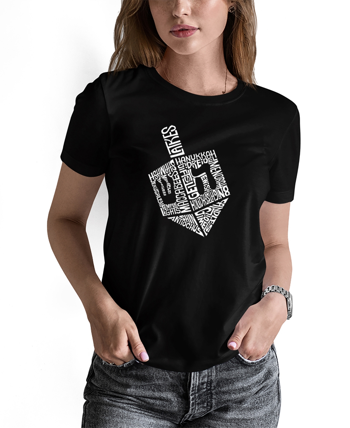 La Pop Art Women's Hanukkah Dreidel Word Art Short Sleeve T-shirt In Black