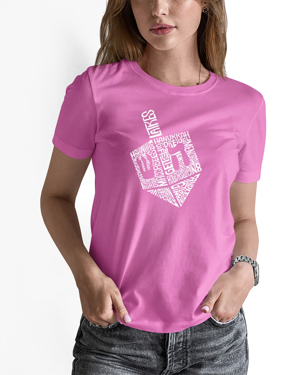 La Pop Art Women's Hanukkah Dreidel Word Art Short Sleeve T-shirt In Pink