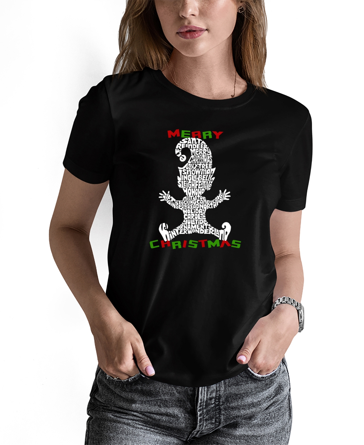La Pop Art Women's Christmas Elf Word Art Short Sleeve T-shirt In Black