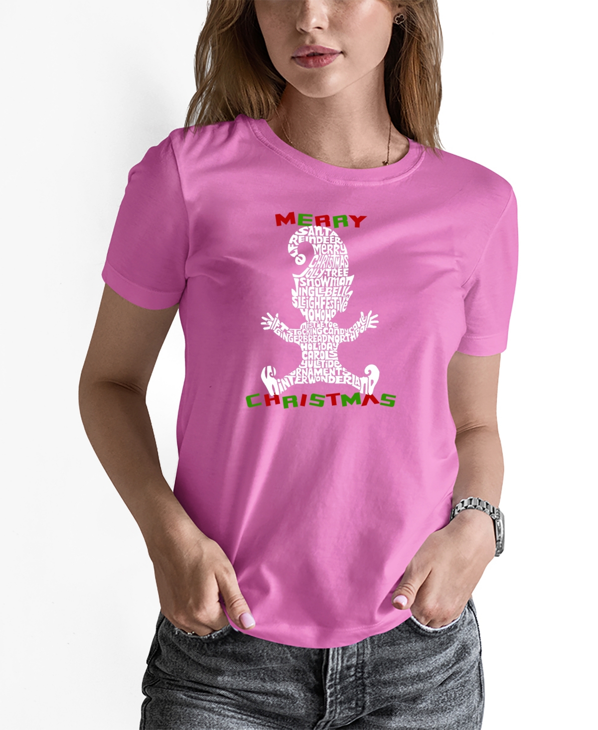 La Pop Art Women's Christmas Elf Word Art Short Sleeve T-shirt In Pink