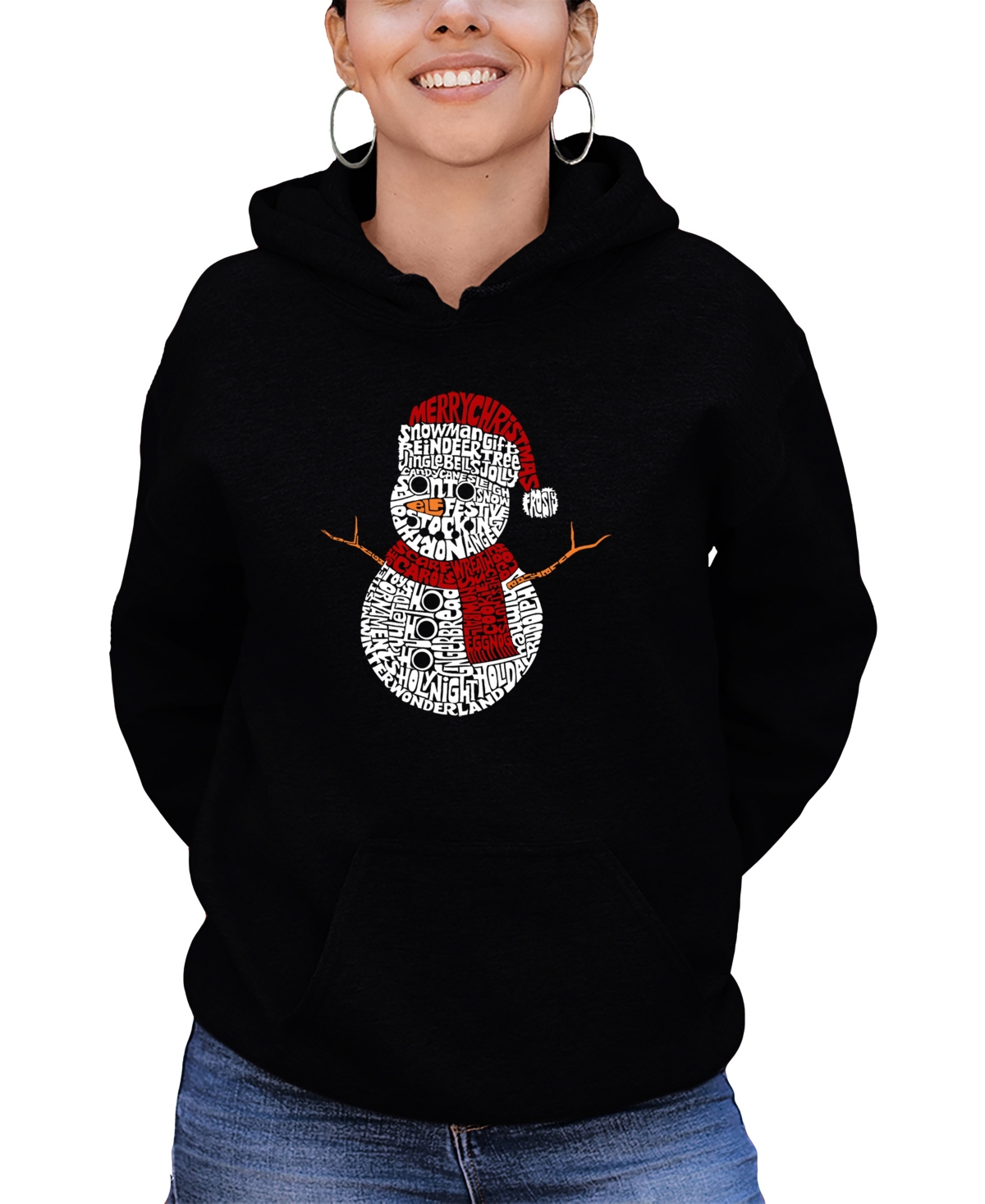 La Pop Art Women's Christmas Snowman Word Art Hooded Sweatshirt In Black