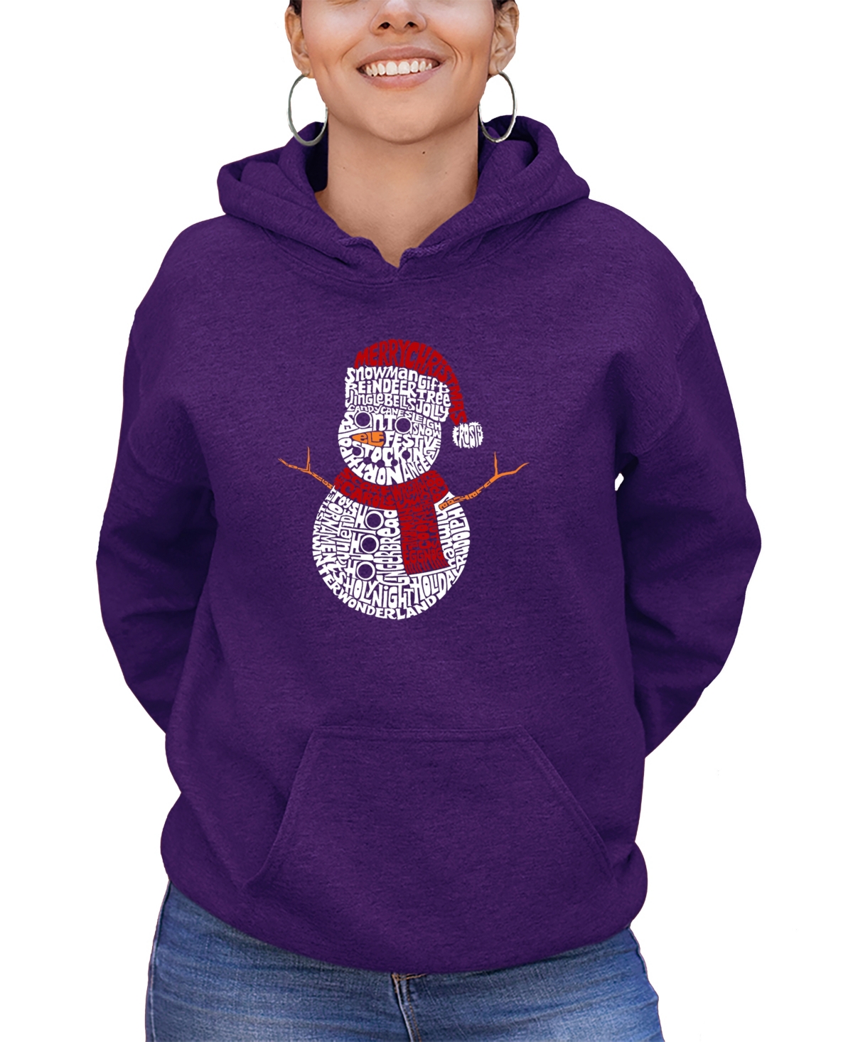 La Pop Art Women's Christmas Snowman Word Art Hooded Sweatshirt In Purple