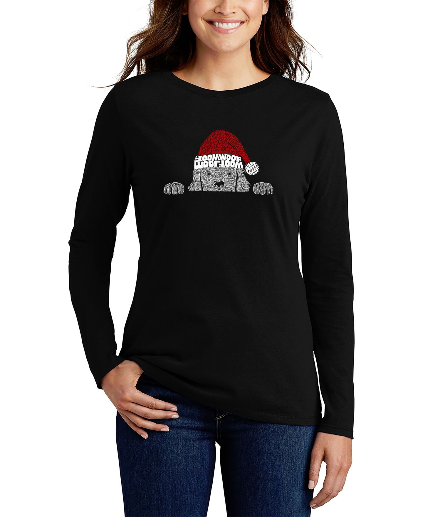 Женская футболка LA Pop Art Christmas Peeking Dog Word Art Long Sleeve, цвет: Чёрный — фото 1
