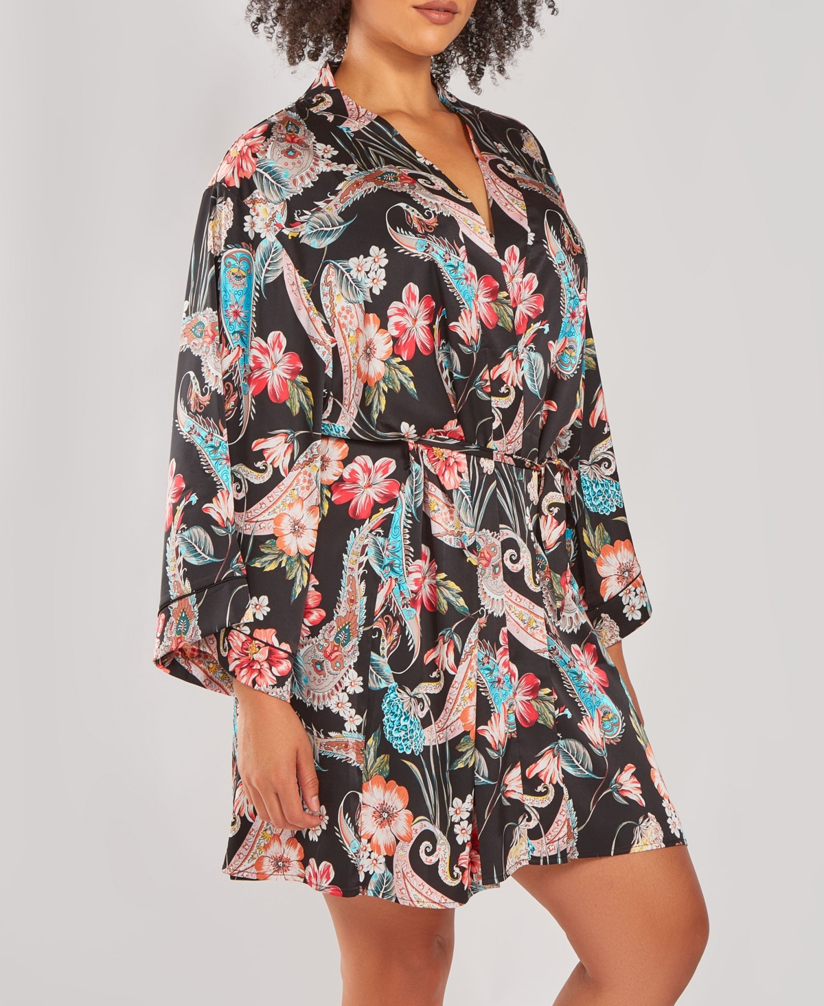 iCollection Plus Size Silky Soft Short Printed Robe - Multi