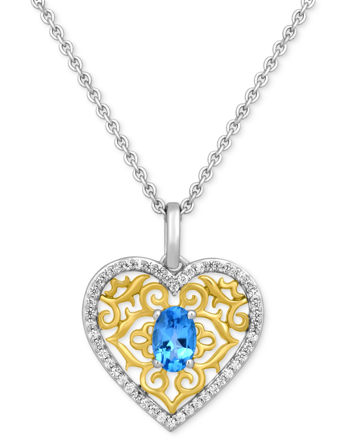 Shop Enchanted Disney Fine Jewelry Swiss Blue Topaz (5/8 Ct. T.w.) & Diamond (1/6 Ct. T.w.) Princess Heart Filigree Pendant Necklace In In Two Tone