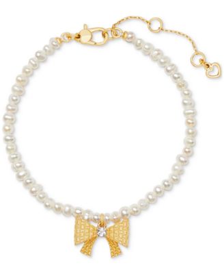 kate spade new york - Gold-Tone Cubic Zirconia Bow Charm Freshwater Pearl (4mm) Bracelet