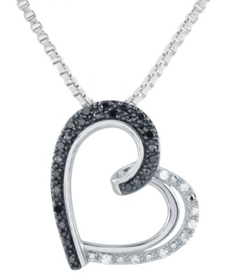 Macy's - Black & White Diamond Stylized Heart 18" Pendant Necklace (1/6 ct. t.w.) in Sterling Silver