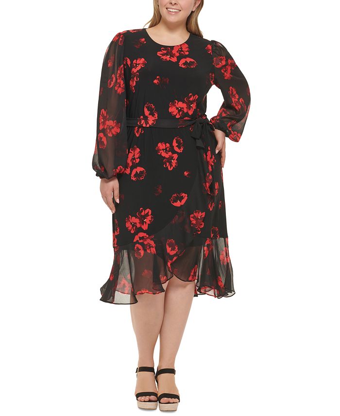 Plus Size Floral Chiffon Flounce Hem Dress