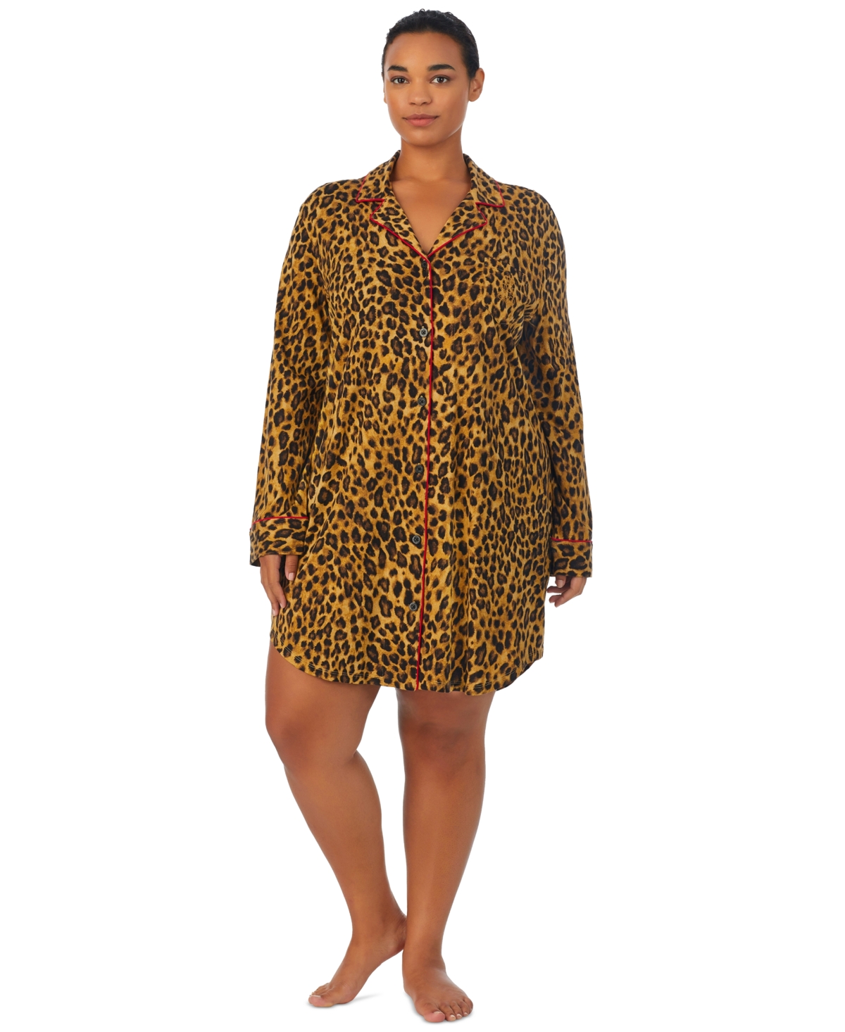 Lauren Ralph Lauren Plus Size Long-sleeve Notched-collar Sleepshirt In Leopard