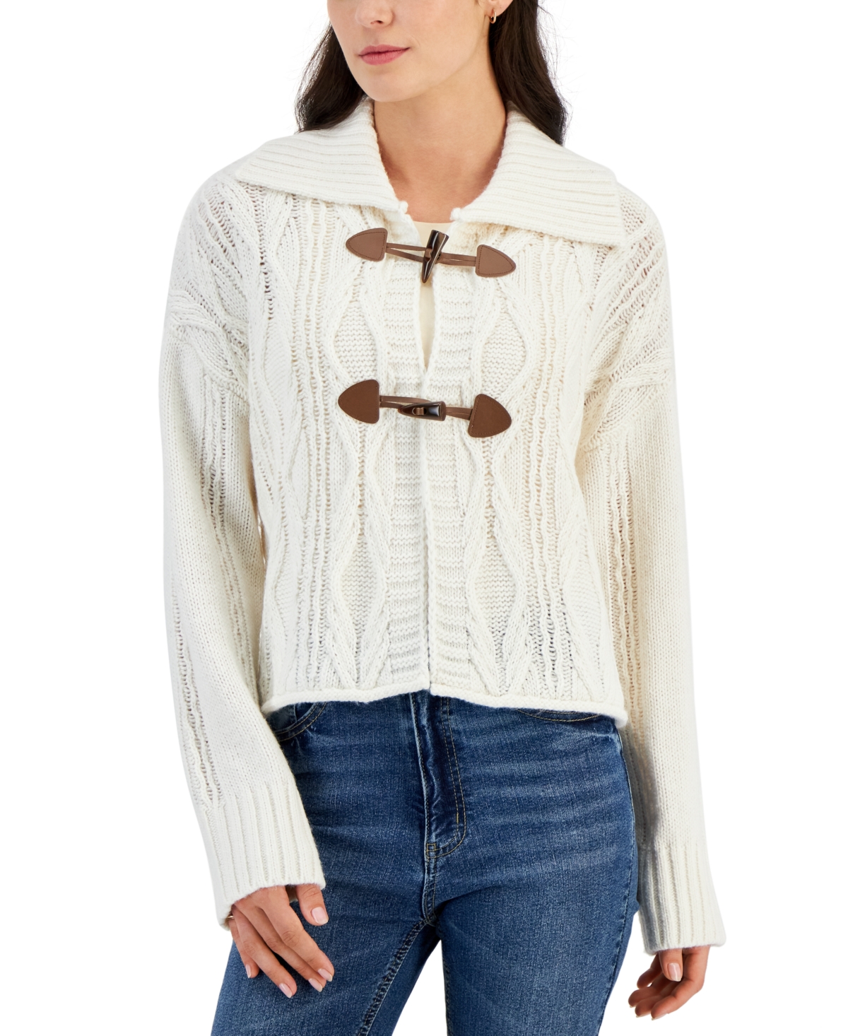 Juniors' Cable-Knit Toggle-Front Cardigan - White