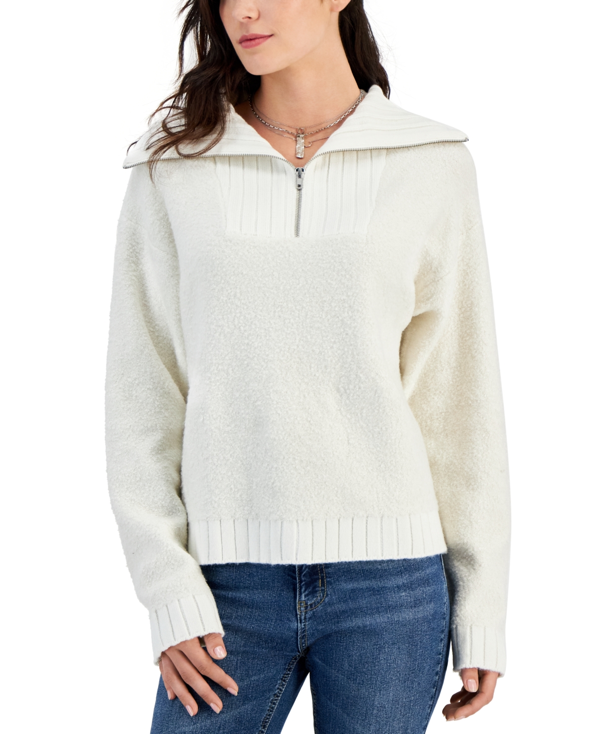 Juniors' Quarter-Zip Long-Sleeve Boucle Sweater - White