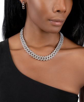 Silver-Tone Edgy Cuban Crystal Chain 18 Necklace
