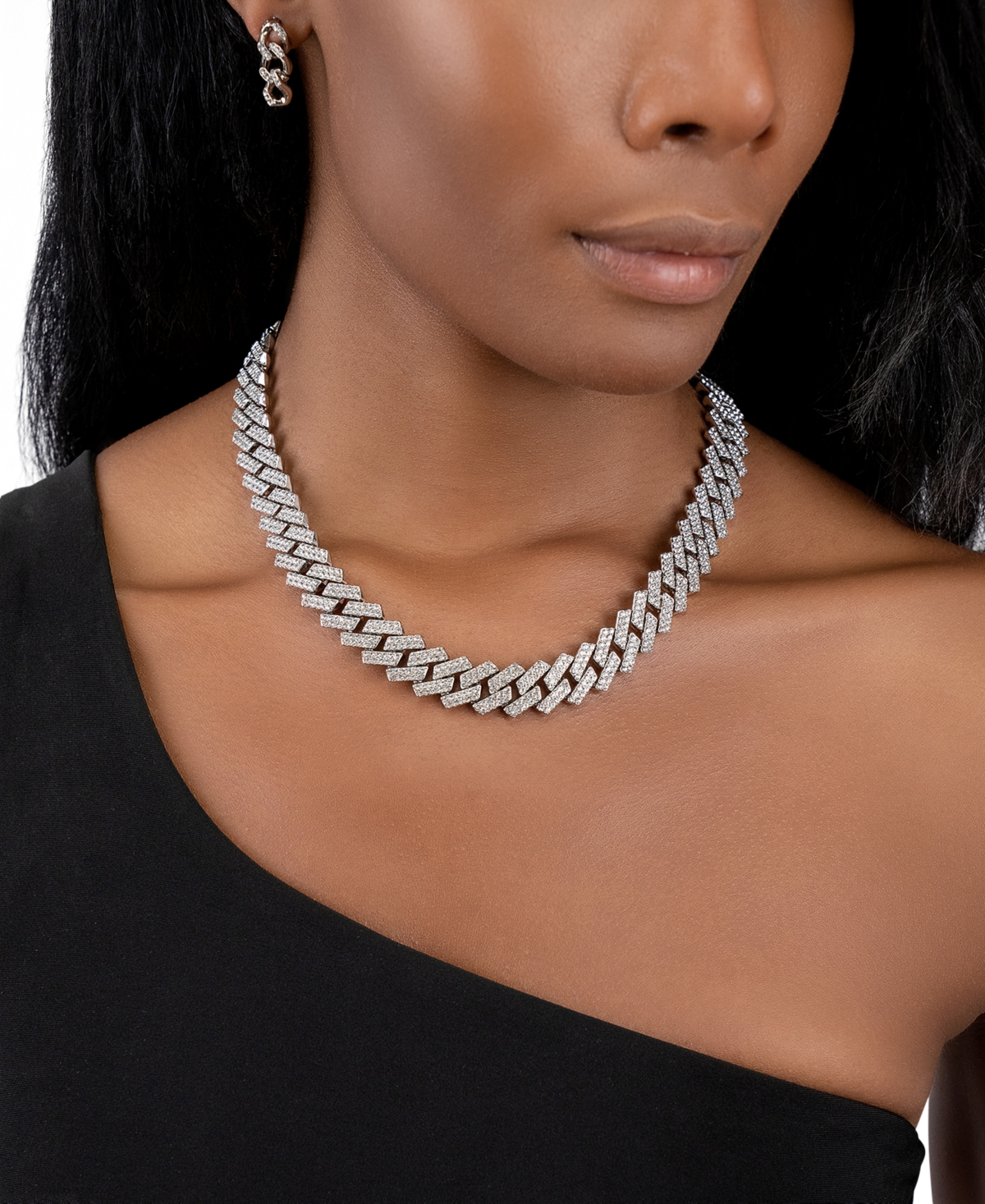 ADORNIA SILVER-TONE EDGY CUBAN CRYSTAL CHAIN 18" NECKLACE
