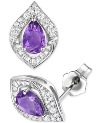 Macy's - Amethyst (1-7/8 ct. t.w.) & Lab-Grown White Sapphire (1/5 ct. t.w.) Pear Halo Stud Earrings in Sterling Silver (Also in Additional Gemstones)