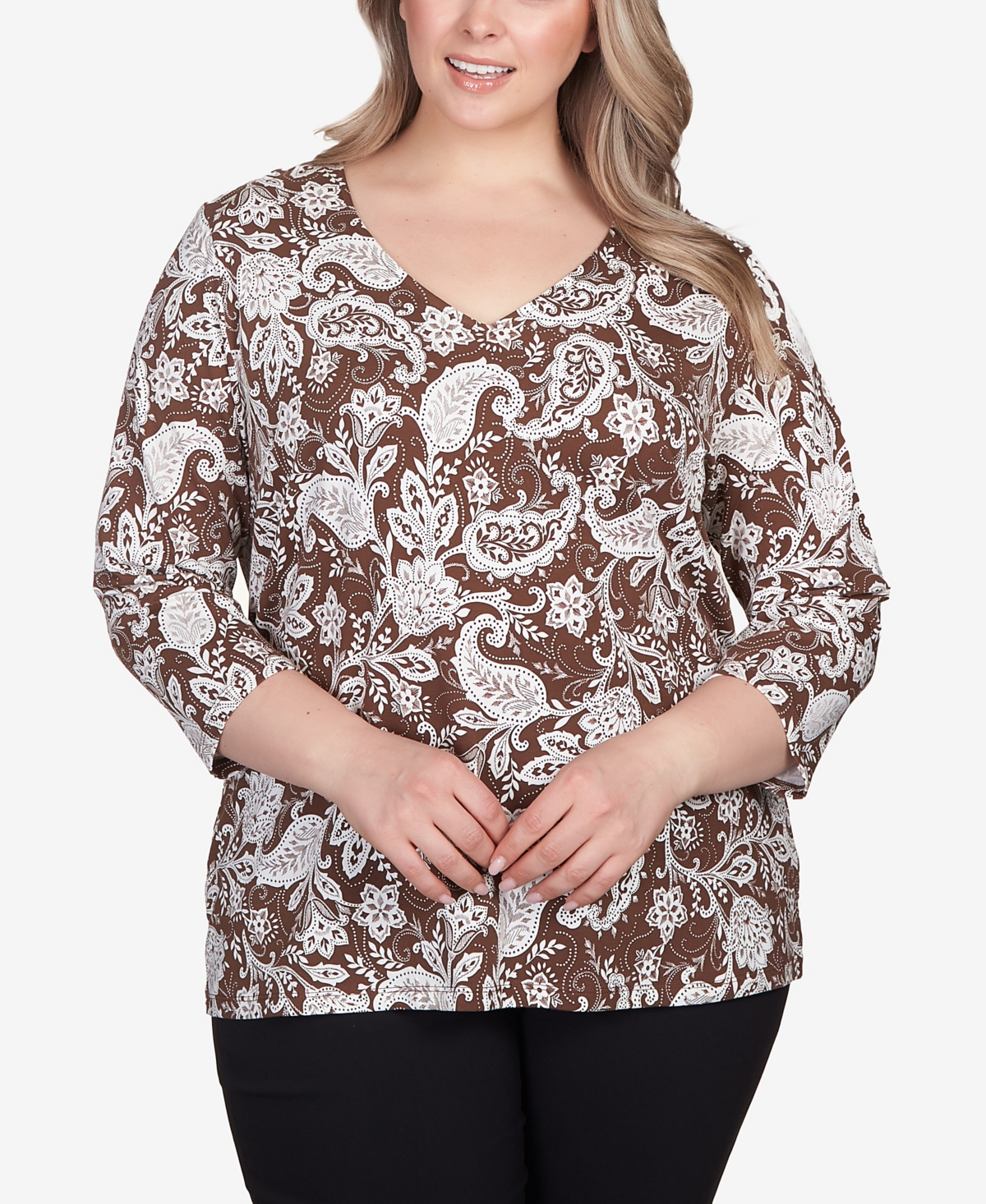 Plus Size Teal The Show Printed 3/4 Sleeve Top - Cocoa Multi