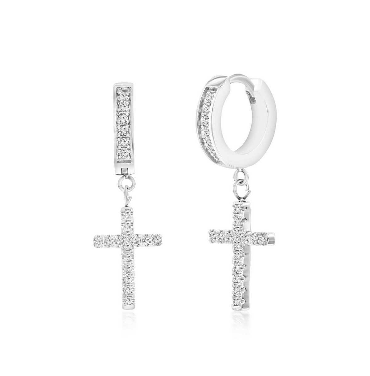 Stainless Steel Cross Cz Charm Huggie Hoop Earrings - Black