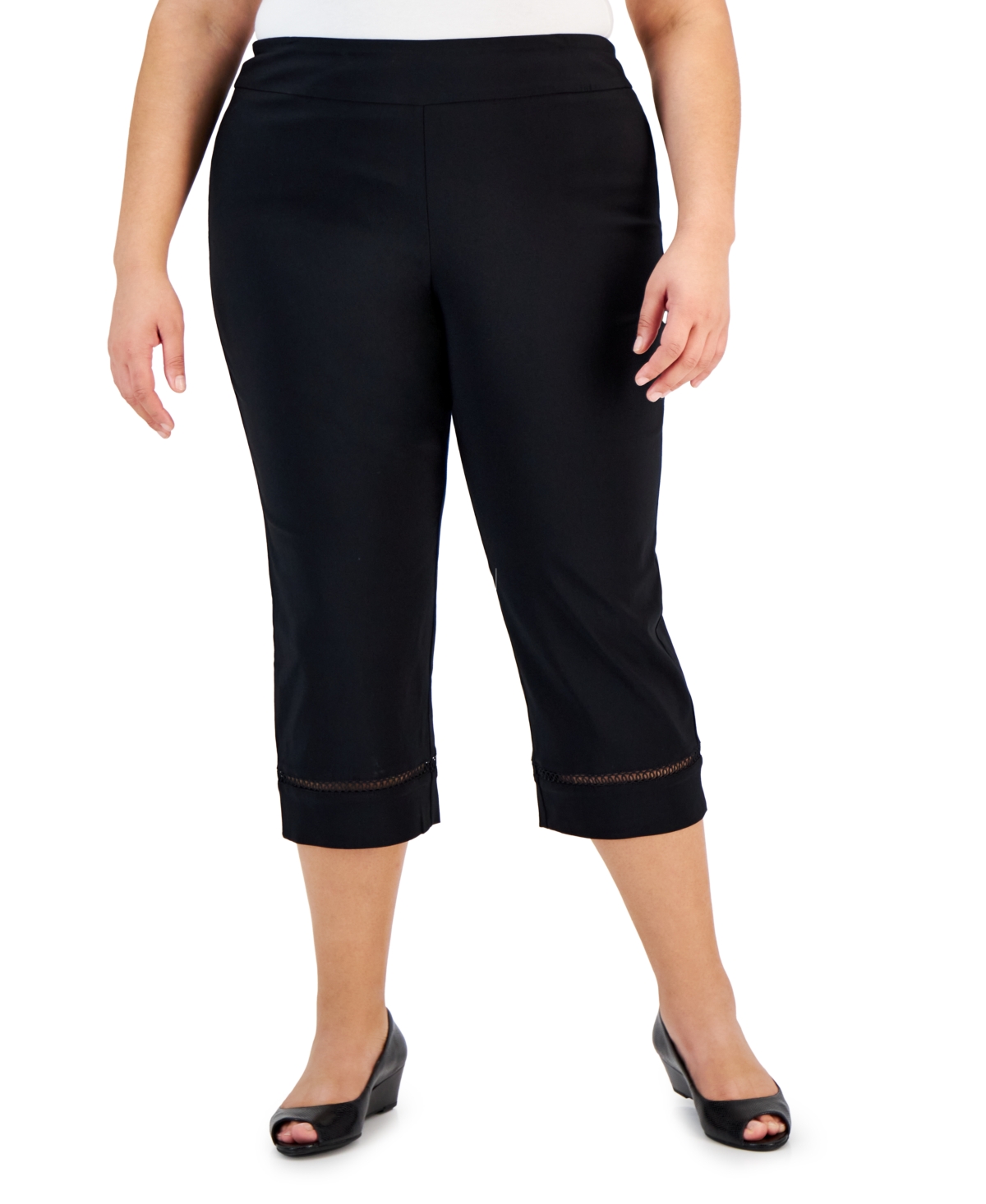 Jm Collection Plus Size Lace-inset Pull-on Capris, Created For Macy's In Deep Black