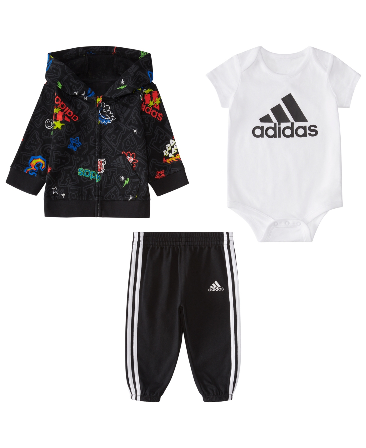 Adidas Originals Baby Boys Jacket, Bodysuit And Joggers, 3 Piece Set In Black With Multi