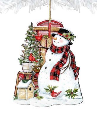 Holiday Wooden Ornaments Snowman with Cardinals Home Decor Set of 2 S. Winget