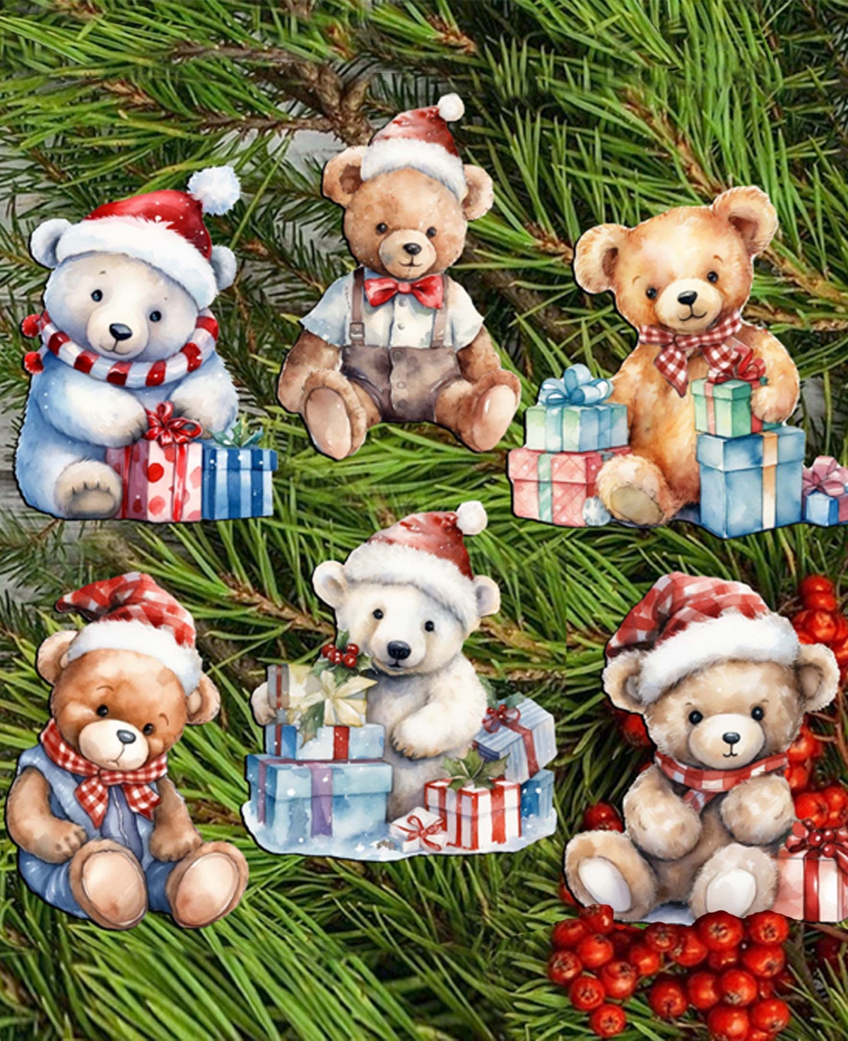 Designocracy Christmas Teddy Bear Christmas Wood Clip-on Ornaments Set Of 6 G. Debrekht In Multi Color