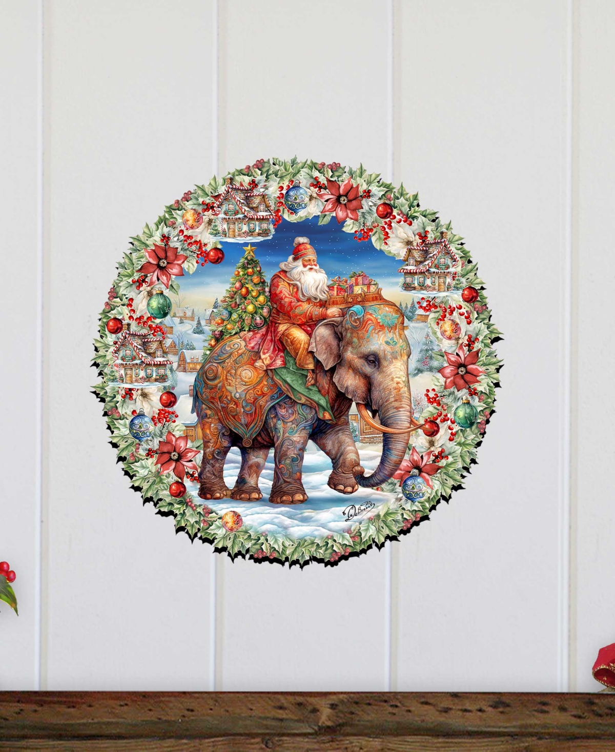 Designocracy Santa on Elephant Wreath Christmas Door Decor Wooden Door Hanger G. DeBrekht