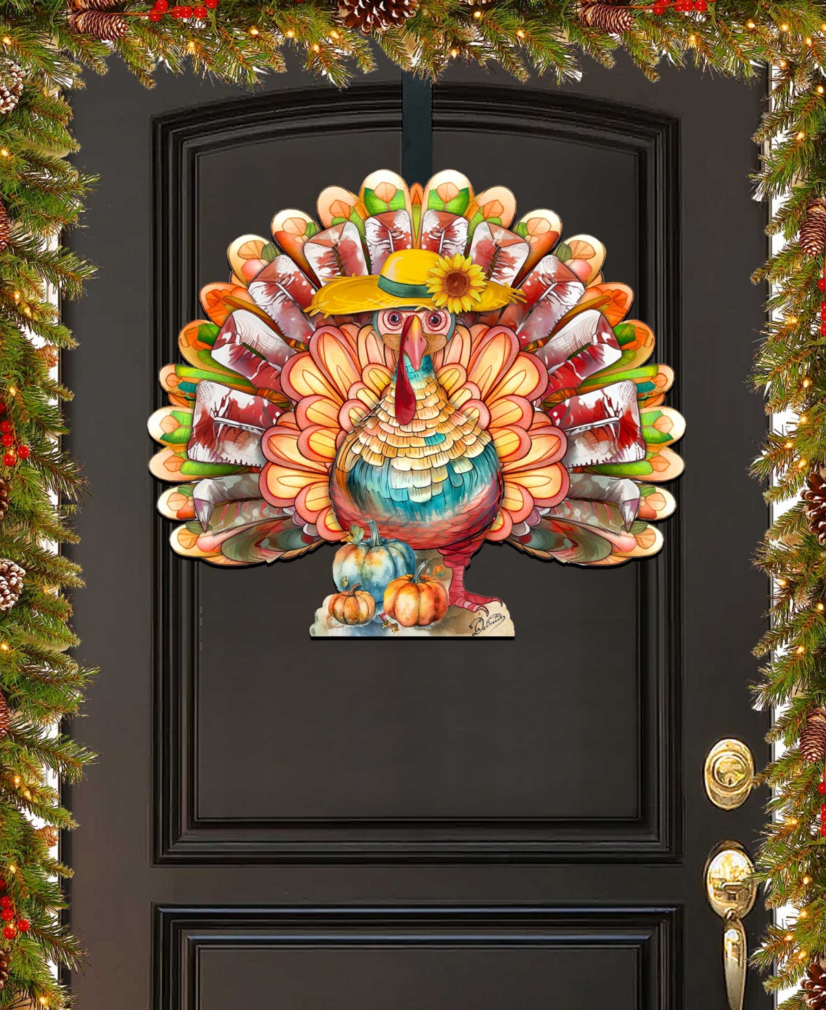Designocracy Holiday Door Decor Wooden Door Hanger Autumn Turkey G. Debrekht In Multi Color