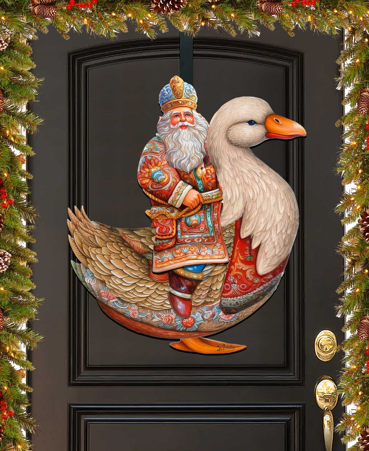Designocracy Charming Santa Riding Goose Christmas Wooden Door Decor Wall Decor G. Debrekht In Multi Color