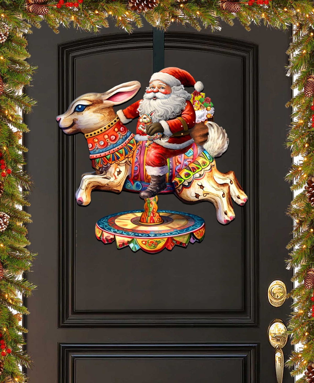 Designocracy Christmas Santa Carousel Christmas Wooden Door Decor Wall Decor G. Debrekht In Multi Color