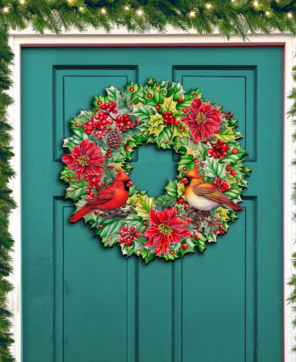 Shop Designocracy Cardinal Garland Wreath Christmas Door Hanger Wooden Door Decor G. Debrekht In Multi Color