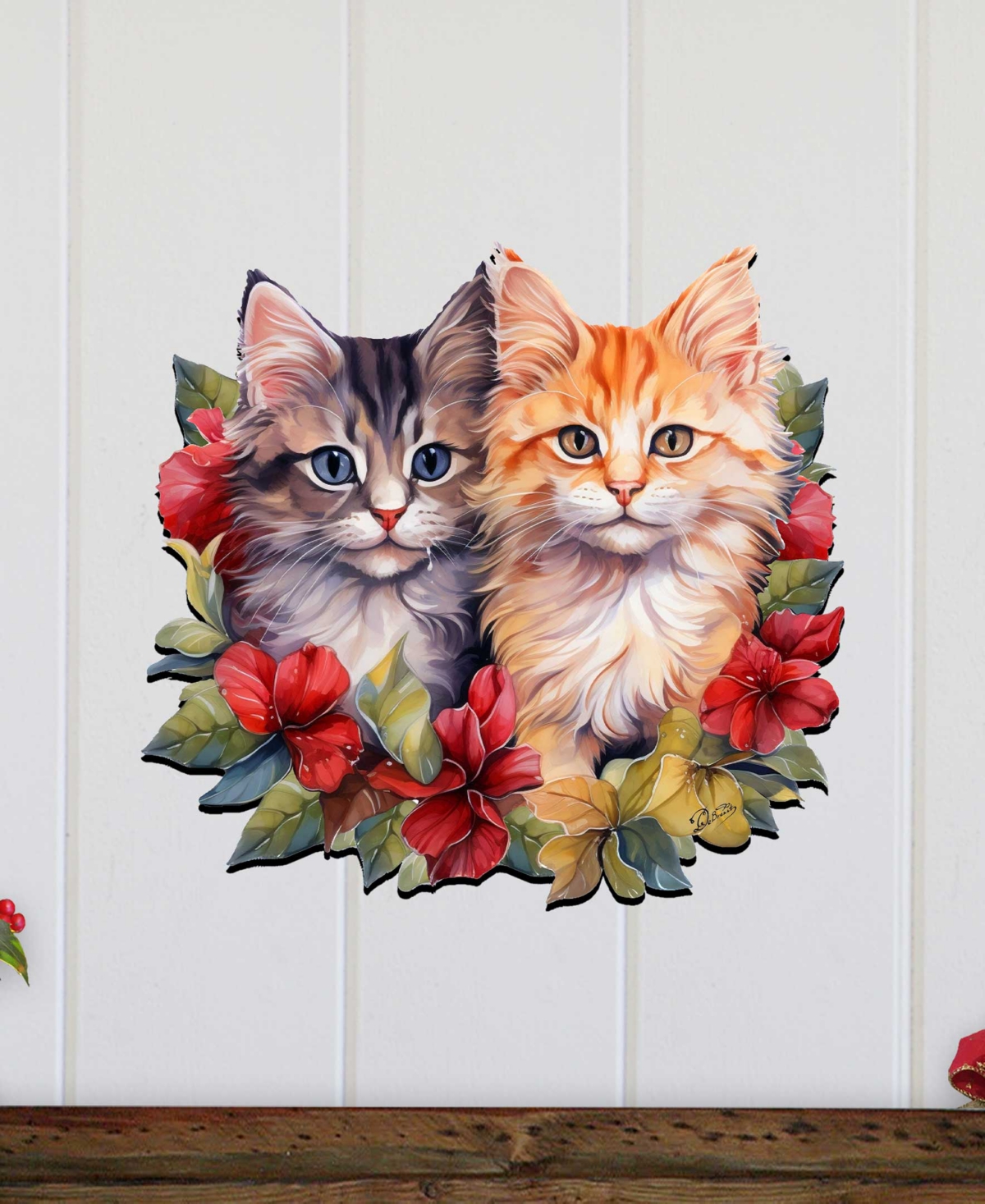 Designocracy Cute Kittens Christmas Wooden Door Hanger Door Decor G. Debrekht In Multi Color