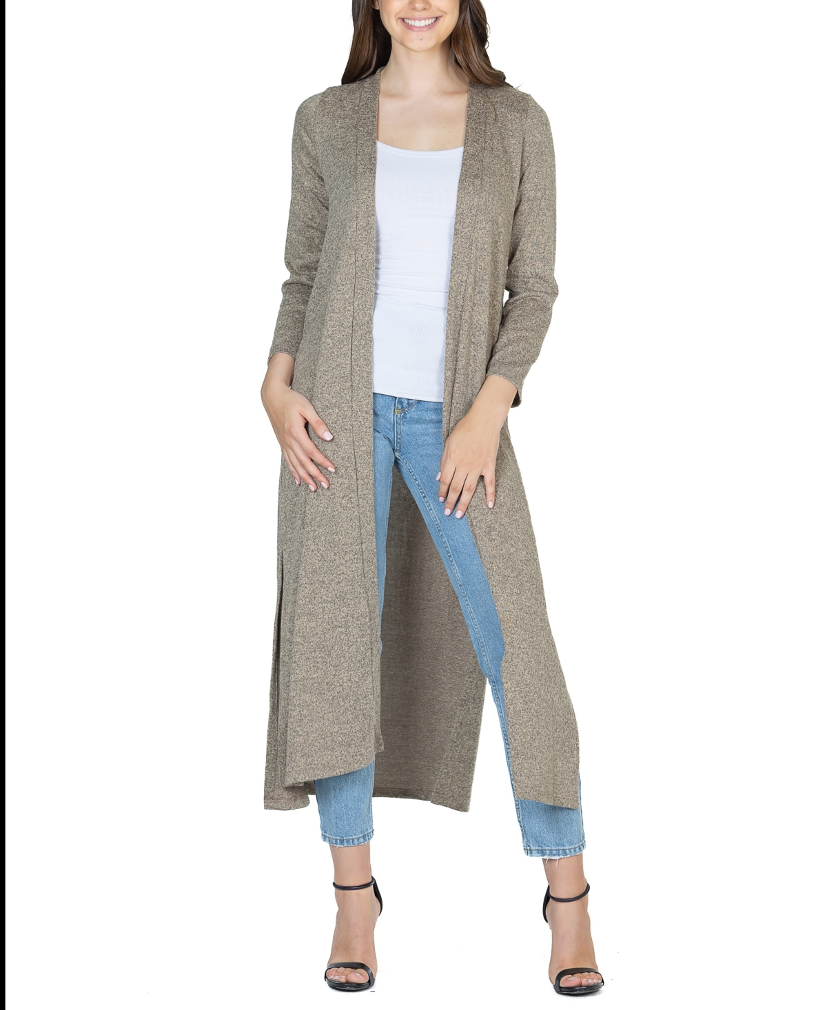 24seven Comfort Apparel Women's Long Duster Open Front Knit Cardigan Jacket In Taupe