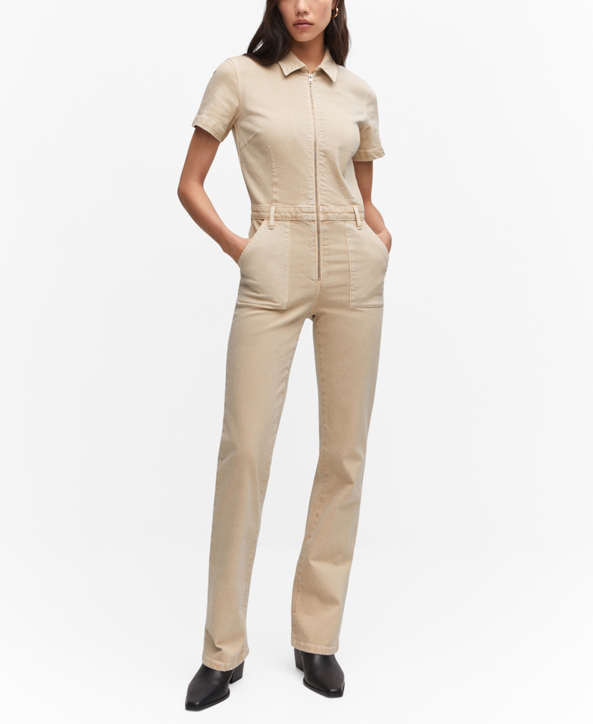 MANGO WOMEN'S ZIPPER DENIM JUMPSUIT