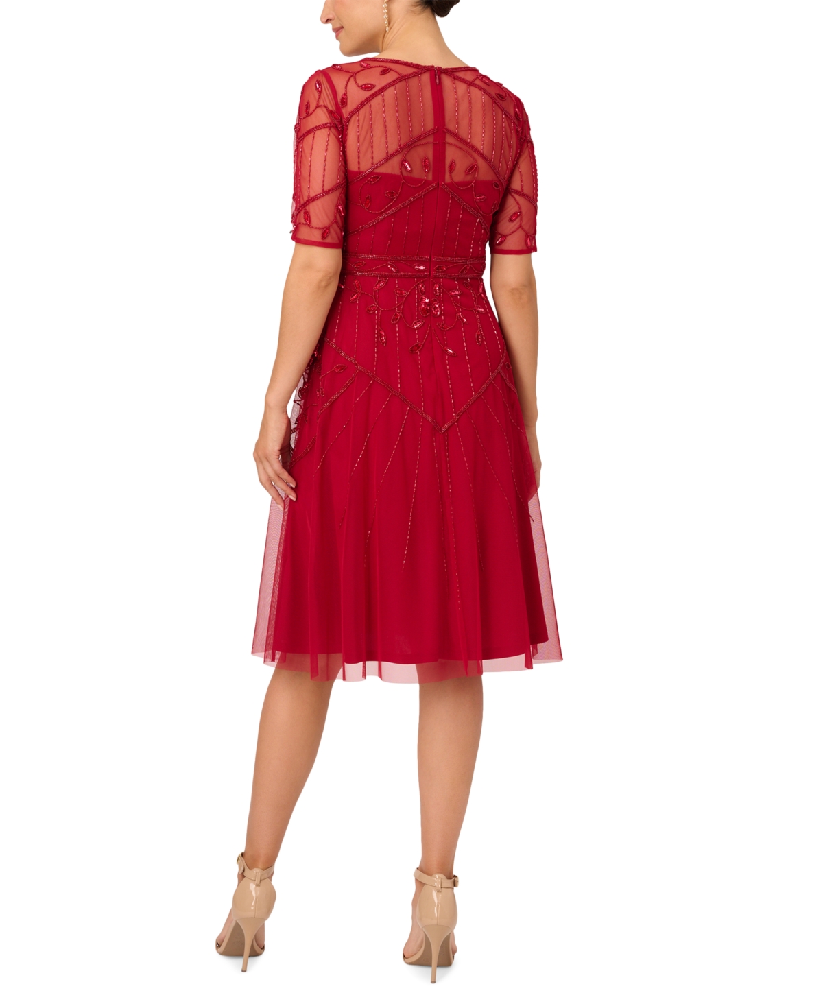 Shop Adrianna Papell Women's Beaded Short-sleeve Midi Dress In Cranberry