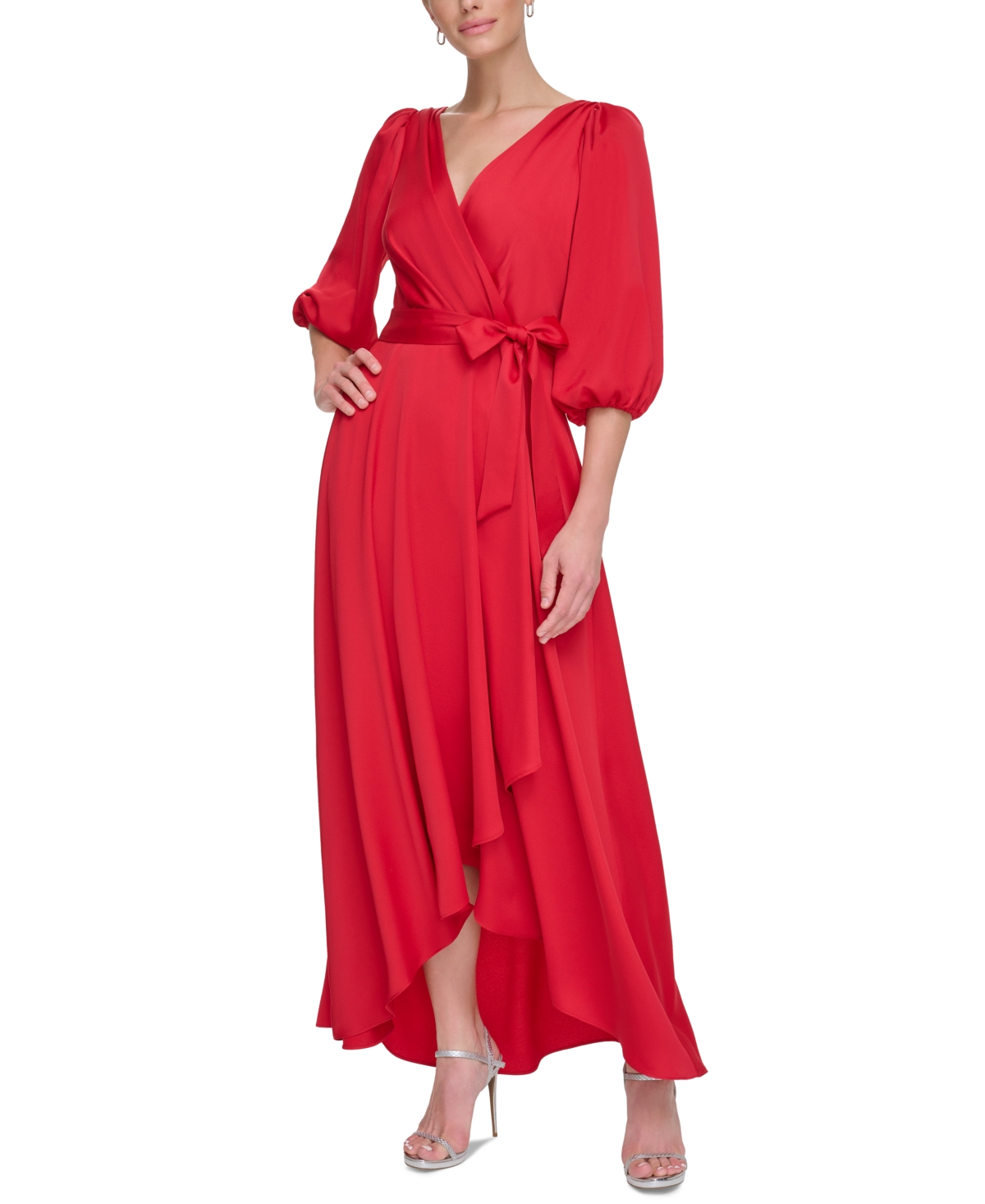 Dkny Women's Faux-wrap Balloon-sleeve Belted Dress In Scarlet
