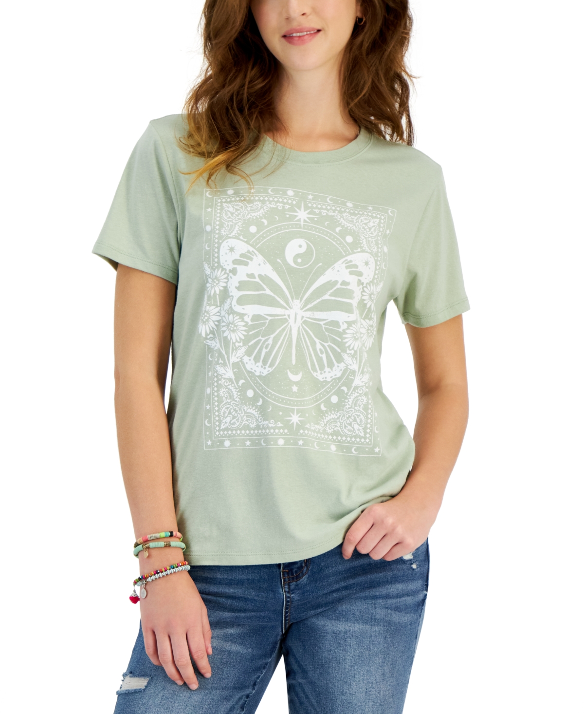 Rebellious One Juniors' Short-sleeve Butterfly T-shirt In Desert Sage