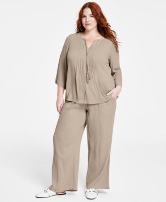 Jm Collection Plus Size Beaded Neck Gauze Top Gauze Drawstring Pants Created For Macys In Bright White
