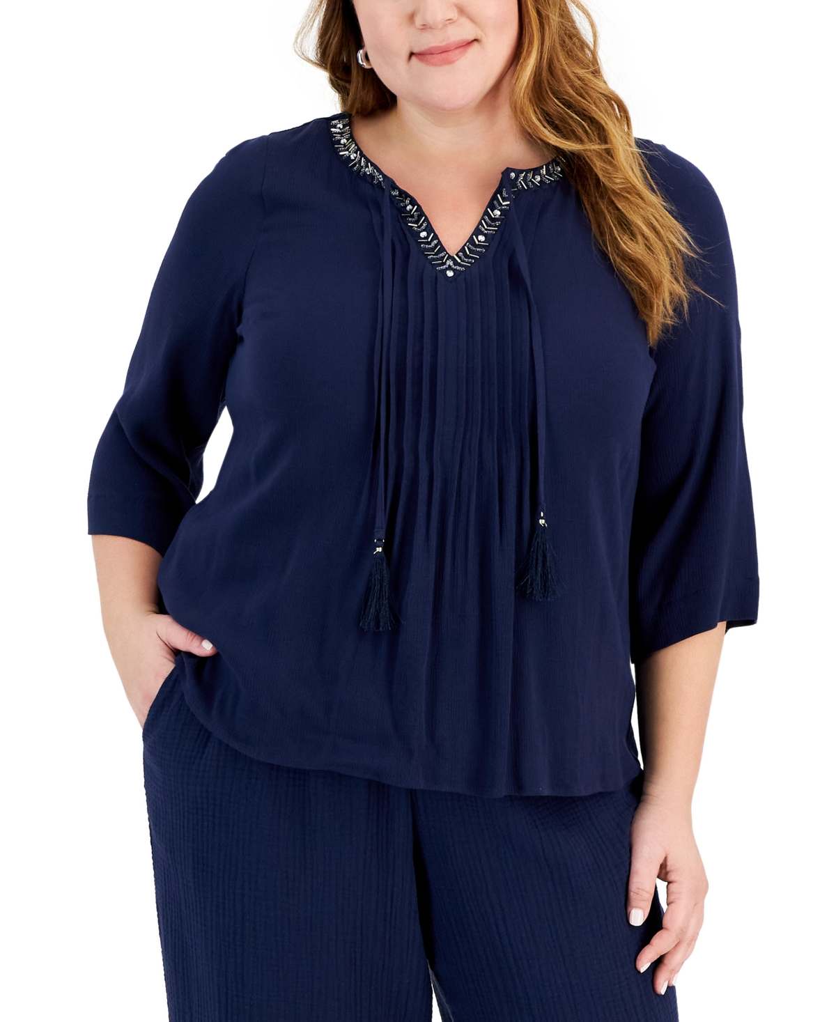 Jm Collection Plus Size Beaded-neck Gauze Top, Created For Macy's In Intrepid Blue