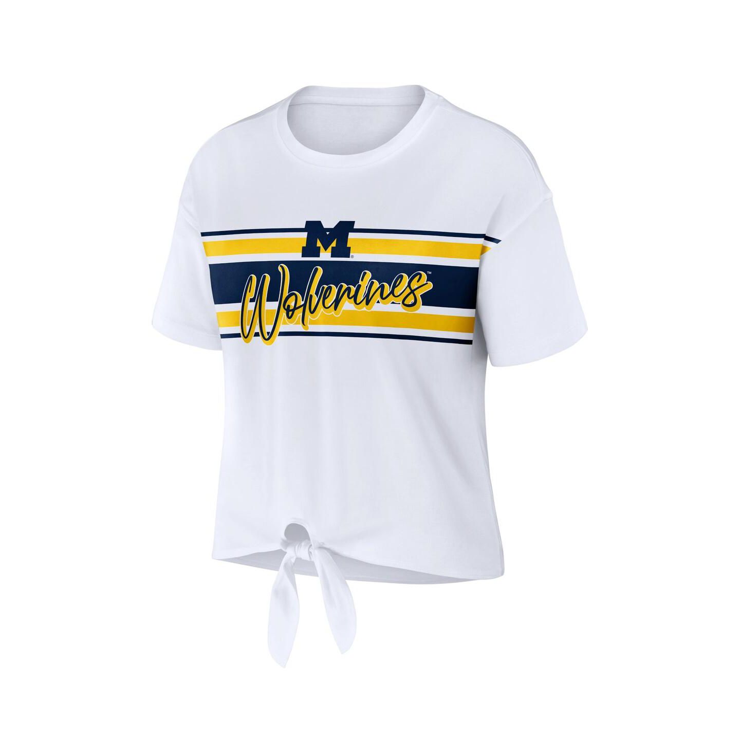 Женская футболка WEAR by Erin Andrews White Michigan Wolverines Striped Front Knot Cropped — фото 3