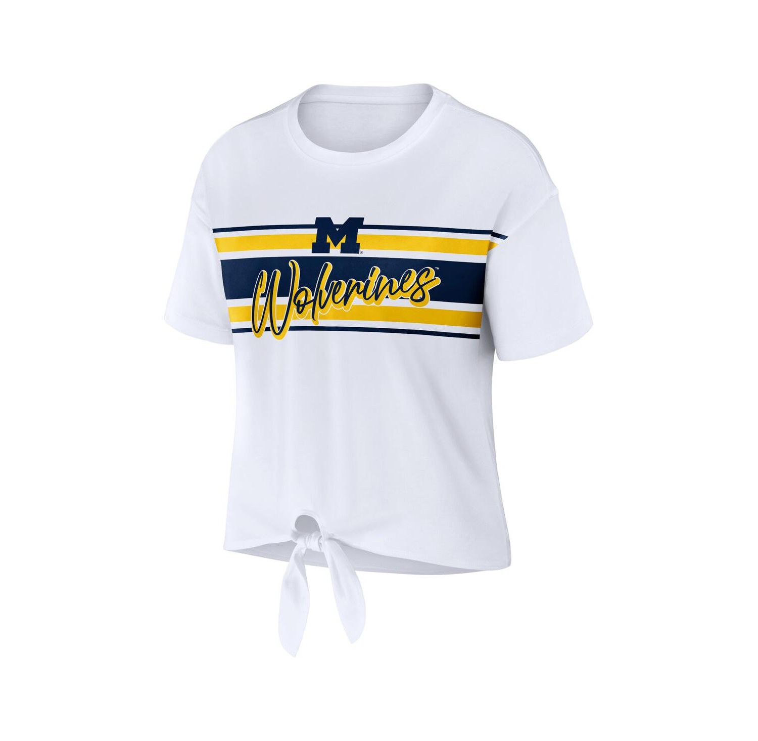 Women's White Michigan Wolverines Striped Front Knot Cropped T-shirt