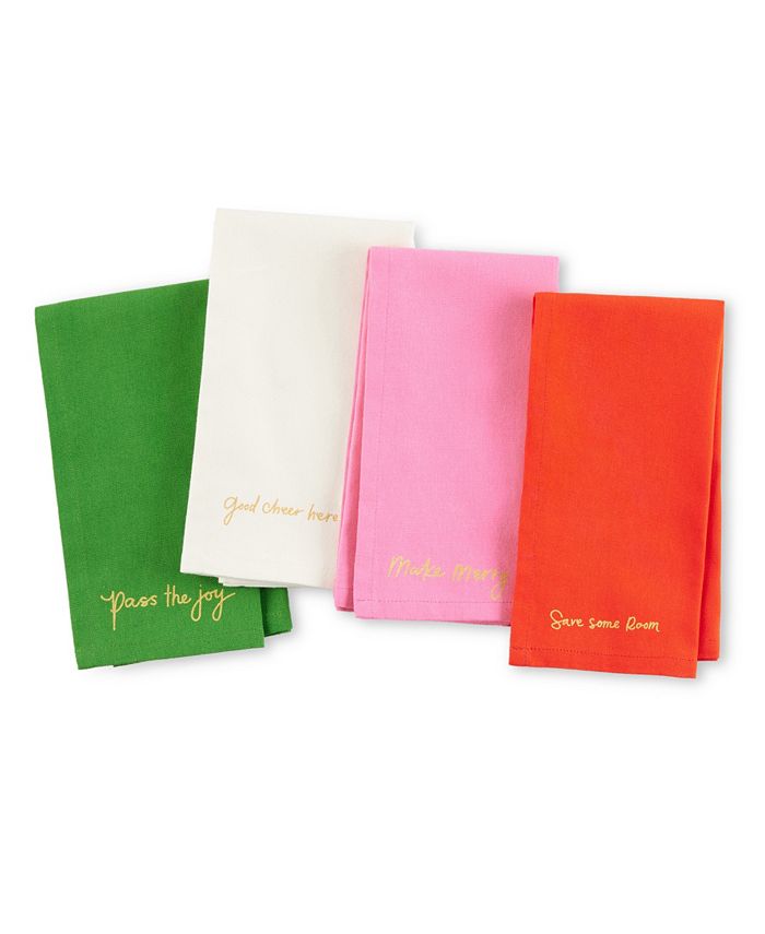 Kate Spade New York Holiday Cheers Cloth Napkins 4-Pack Set, 100% Cotton with Metallic Holiday Quotes, Machine Washable, Multi, 20x20