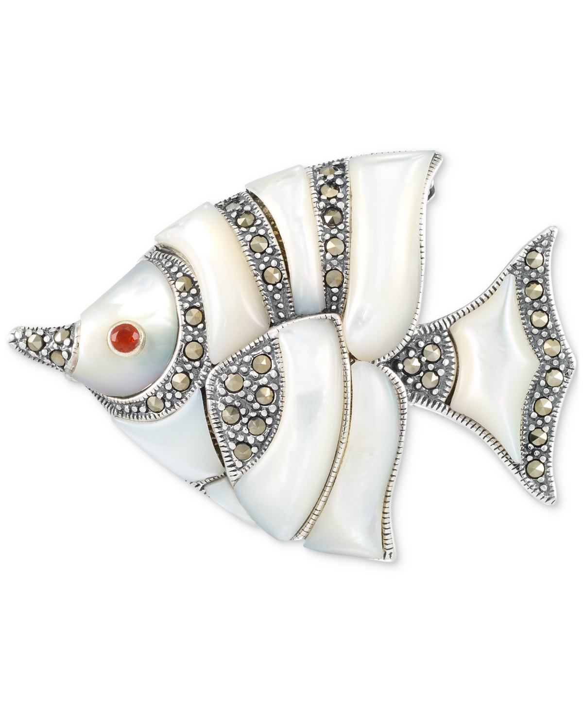 Mother of Pearl & Marcasite (1/2 ct. t.w.) Fish Pin in Sterling Silver - Sterling Silver