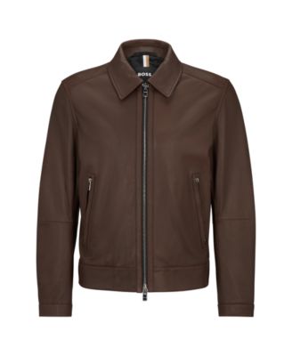 BOSS ブラウンレザーライダースジャケット BOSS by Hugo Boss Men's Two-Way Zip Leather Jacket - Macy's