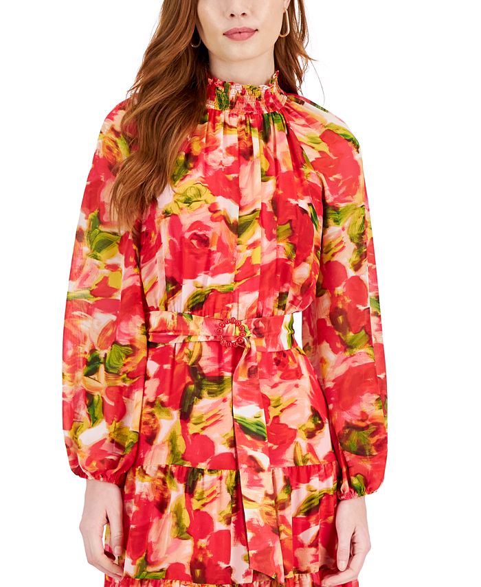 Mock Neck Flocked Chiffon Maxi Dress
