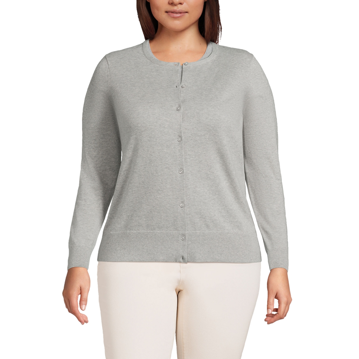 Plus Size Fine Gauge Cotton Cardigan Sweater - Gray heather